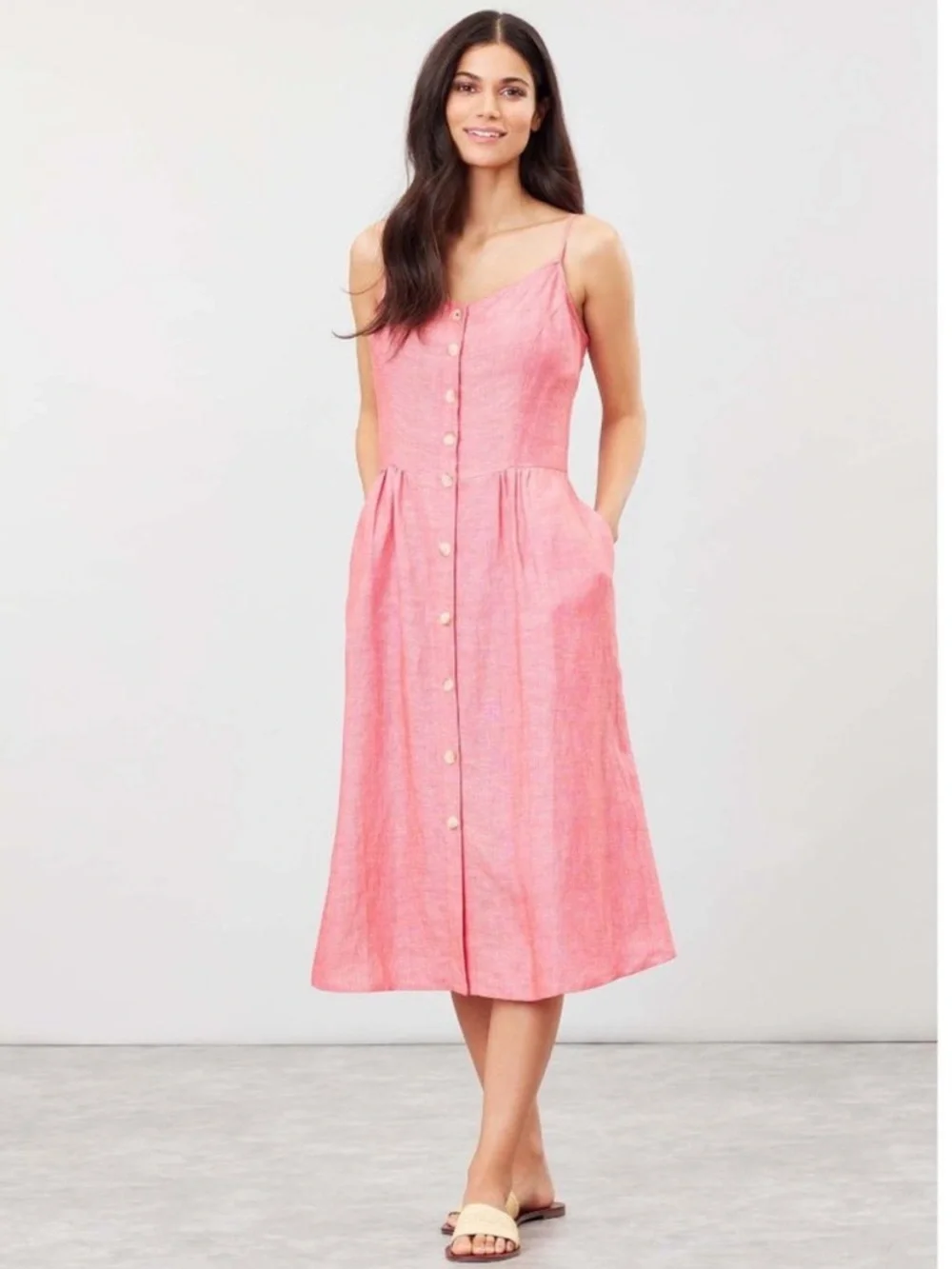 Joules Linen Heathered Red Button-Front Coastal Midi Dress - Picture 1 of 6